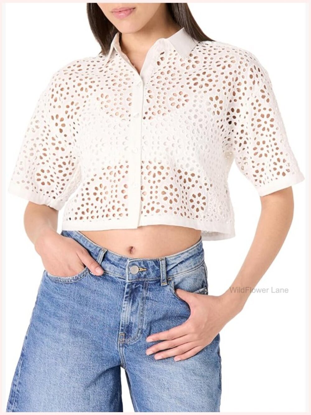 Lace Button Down Cropped Shirt - Regular Fit